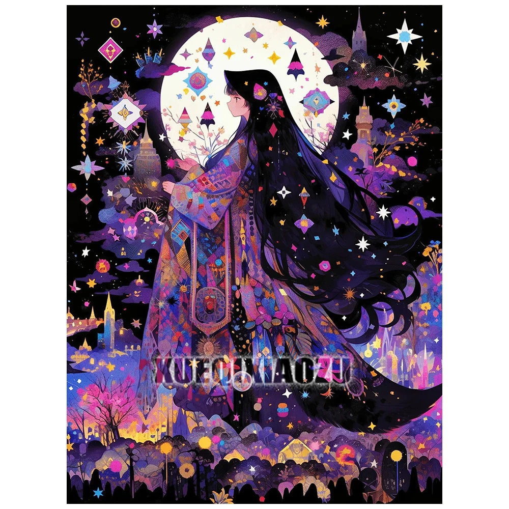 A dark fantasy illustration of a woman with long black hair and a flowing purple dress standing before a large moon surrounde