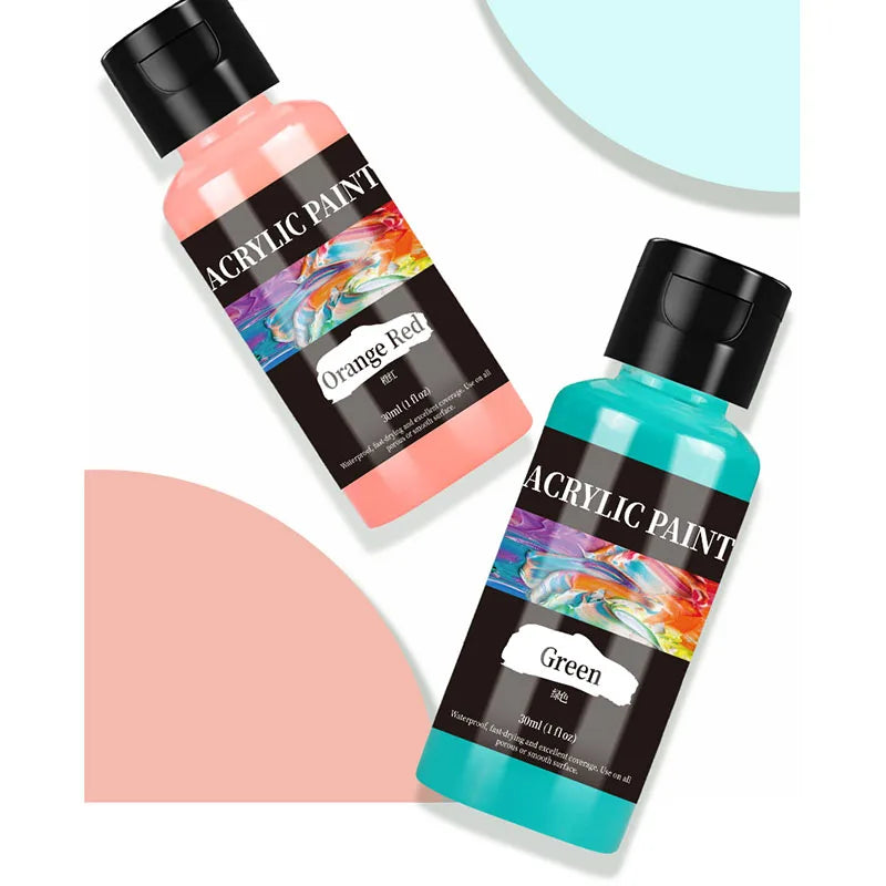 A set of acrylic paints in Orange Red and Green housed in glass bottles for fabric and DIY projects.