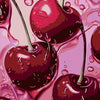 Close-up of glossy, deep red cherries with stems and juice dripping against a pink background.