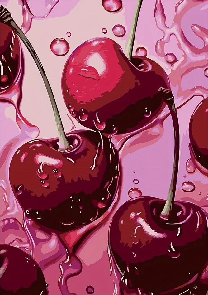 Close-up of glossy, deep red cherries with stems and juice dripping against a pink background.