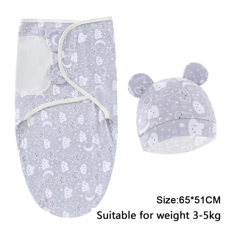 A white and gray patterned cotton newborn swaddle blanket and hat set suitable for babies weighing 3-5kg
