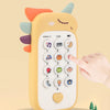 A yellow baby phone toy with a heart design is shown, demonstrating its features for baby teeth and sound play.