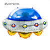 A blue and silver outer space astronaut balloon with a face cutout, featuring colorful rings on the bottom.