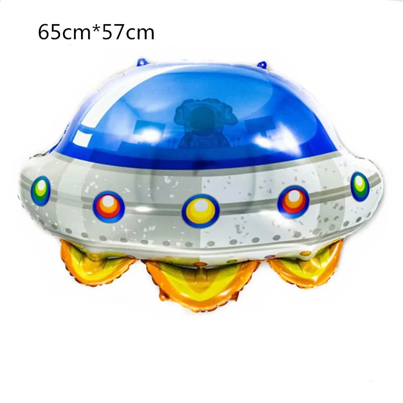 A blue and silver outer space astronaut balloon with a face cutout, featuring colorful rings on the bottom.