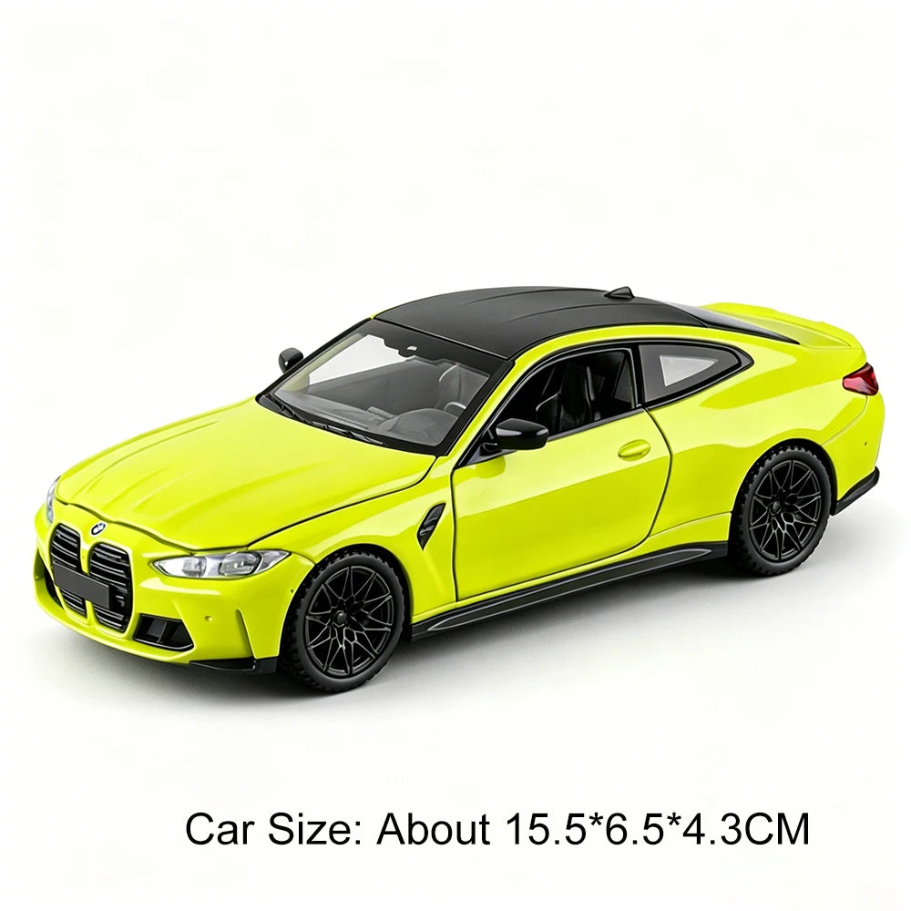 Yellow 1:32 scale diecast model car of an M4 and X3M with lights and sound