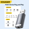 An Essager multi-device plug and play adapter with USB, audio, and system compatibility icons.