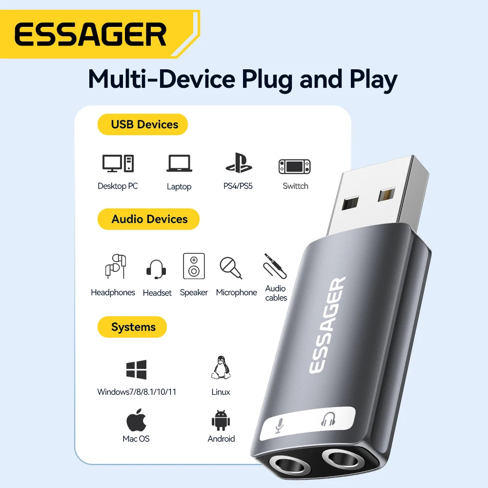 An Essager multi-device plug and play adapter with USB, audio, and system compatibility icons.
