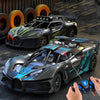 A black and green high-speed remote control drift racing car is shown on a dark surface with tires in the background.