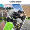 A 4WD off-road monster truck is shown conquering various terrains including rocky roads, hills, sandy land, and pebble surfac