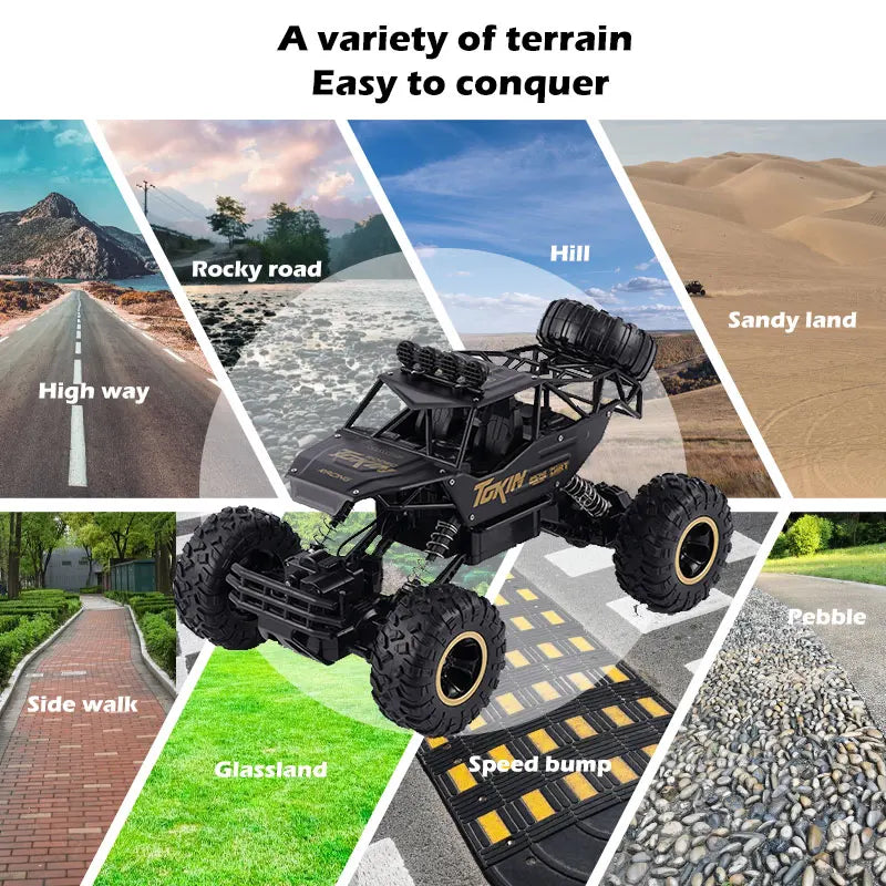 A 4WD off-road monster truck is shown conquering various terrains including rocky roads, hills, sandy land, and pebble surfac