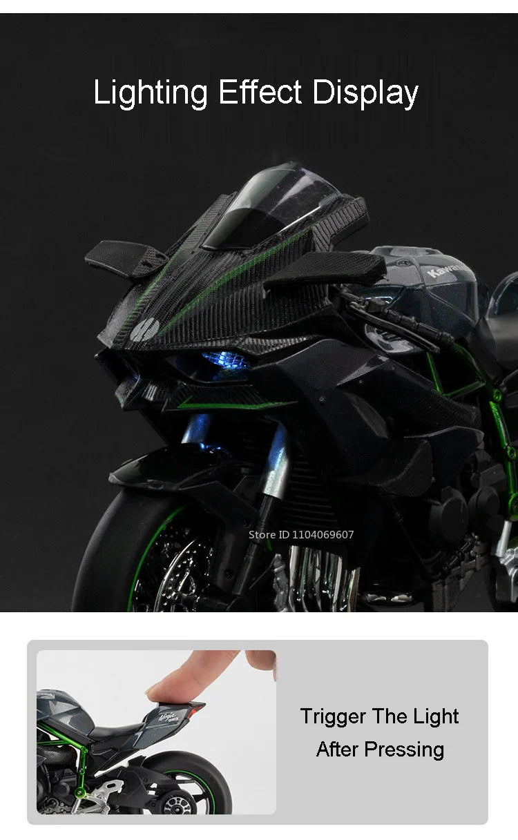 Close-up of a black diecast sport motorcycle model with a green lighting effect display.