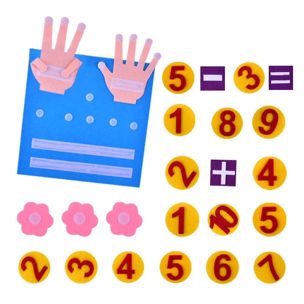 A set of felt numbers and fingers used for interactive math learning toys.