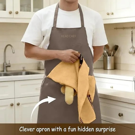 A person wearing a brown chef apron with a hidden surprise, featuring a yellow towel pocket.