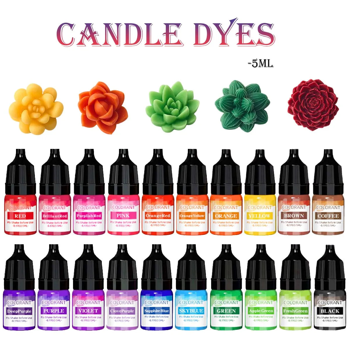 A set of 20 liquid candle dyes in various colors including red, orange, yellow, green, and black flowers