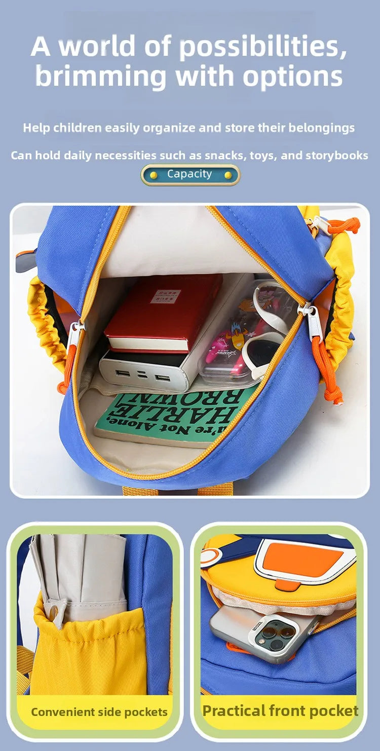 Blue and yellow cartoon digger truck backpack with convenient side pockets and a practical front pocket