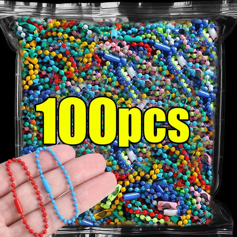 A clear plastic bag filled with 100 pieces of colorful ball bead chains for DIY jewelry and keychains.