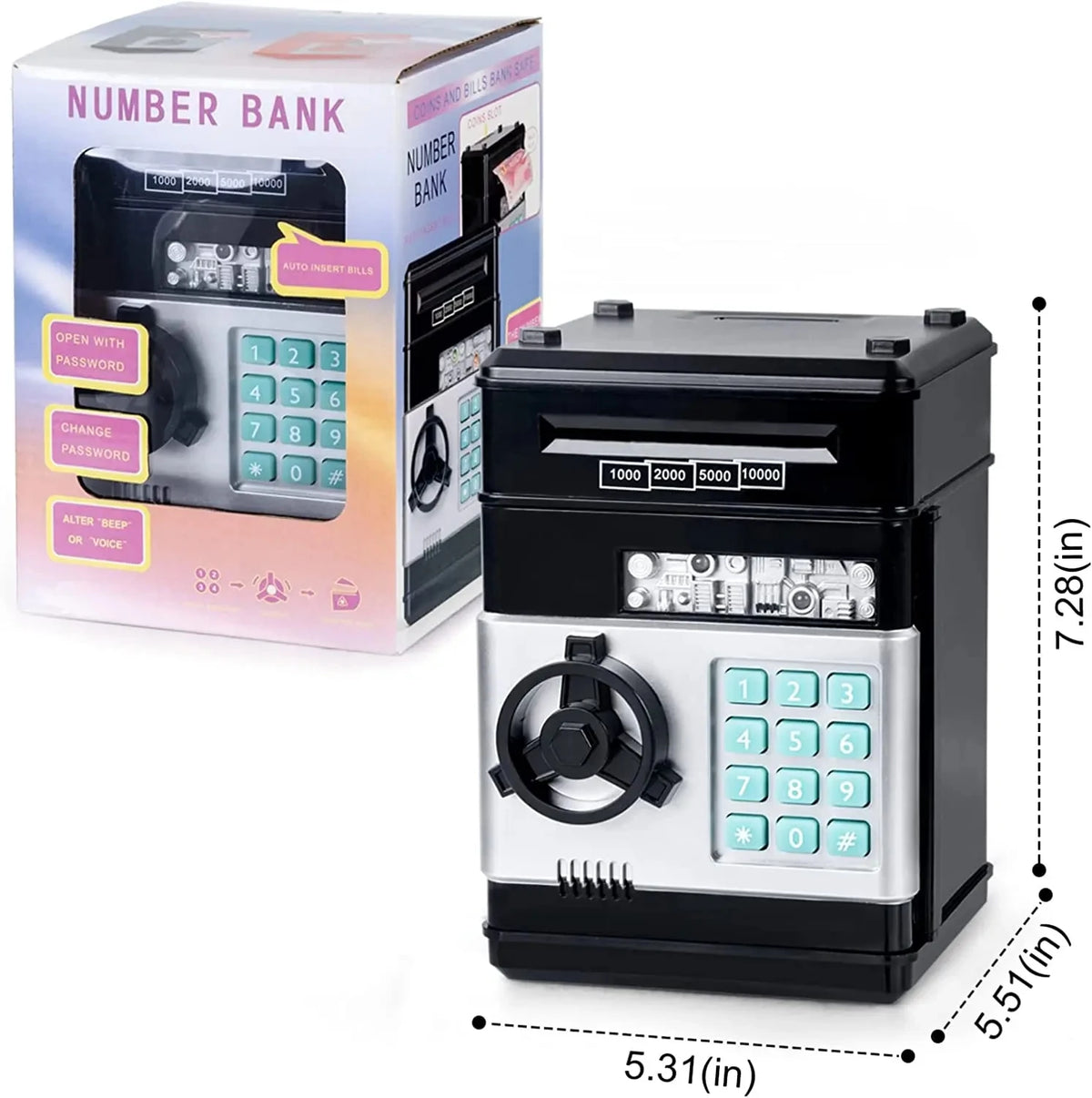 Piggie bank automatique noir avec clavier et fonctionnalités de sécurité, à côté de son emballage.