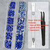 A clear plastic kit containing blue rhinestones, a point drill pen, and tweezers for nail art.