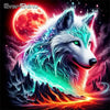 A digital painting of a white wolf head with glowing blue fur, set against a fiery red moon and dark landscape.