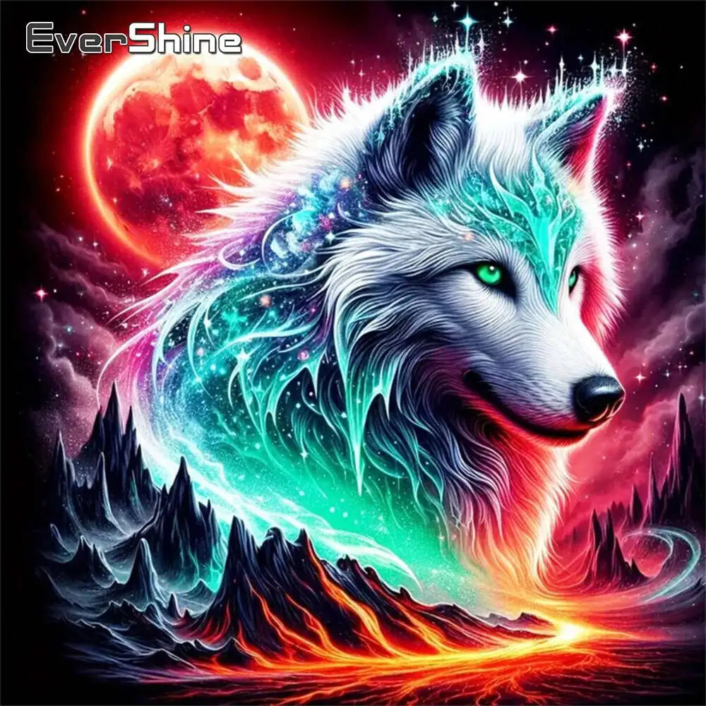 A digital painting of a white wolf head with glowing blue fur, set against a fiery red moon and dark landscape.