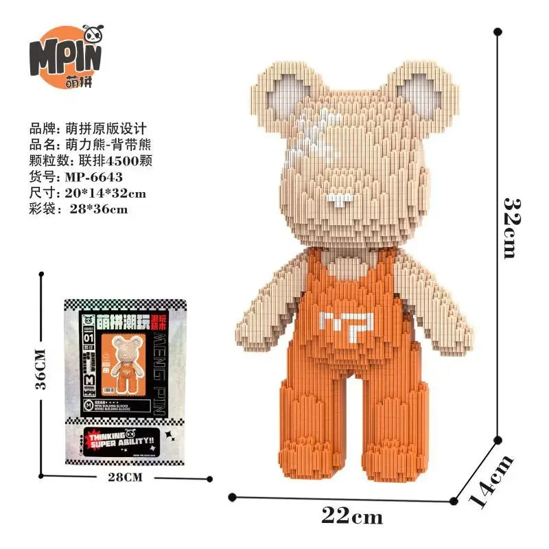 A small bear figure made of wooden building blocks, packaged with instructions and dimensions.