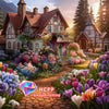 A diamond painting kit featuring a picturesque house surrounded by vibrant flowers and greenery.
