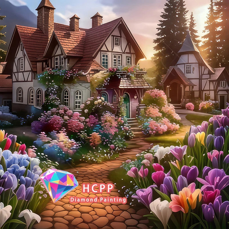 A diamond painting kit featuring a picturesque house surrounded by vibrant flowers and greenery.