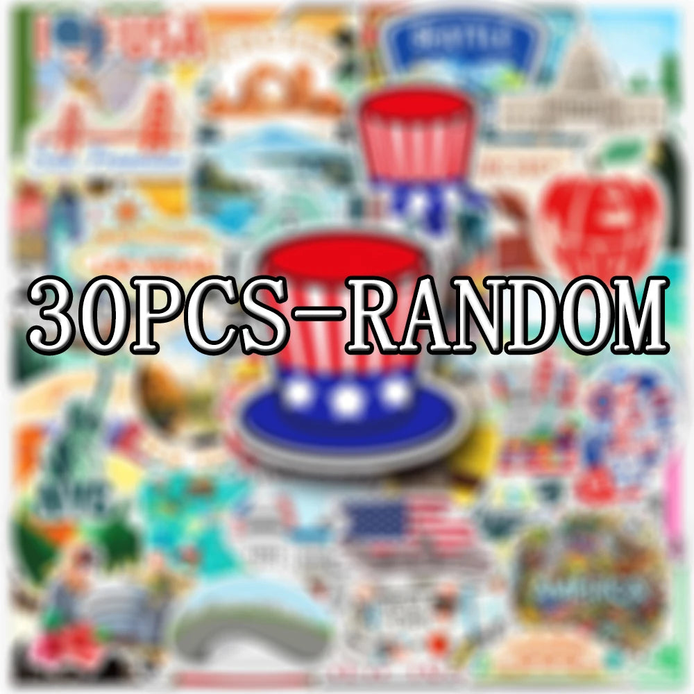 A collection of 30 random USA map cartoon stickers for laptops, luggage, and DIY crafts.