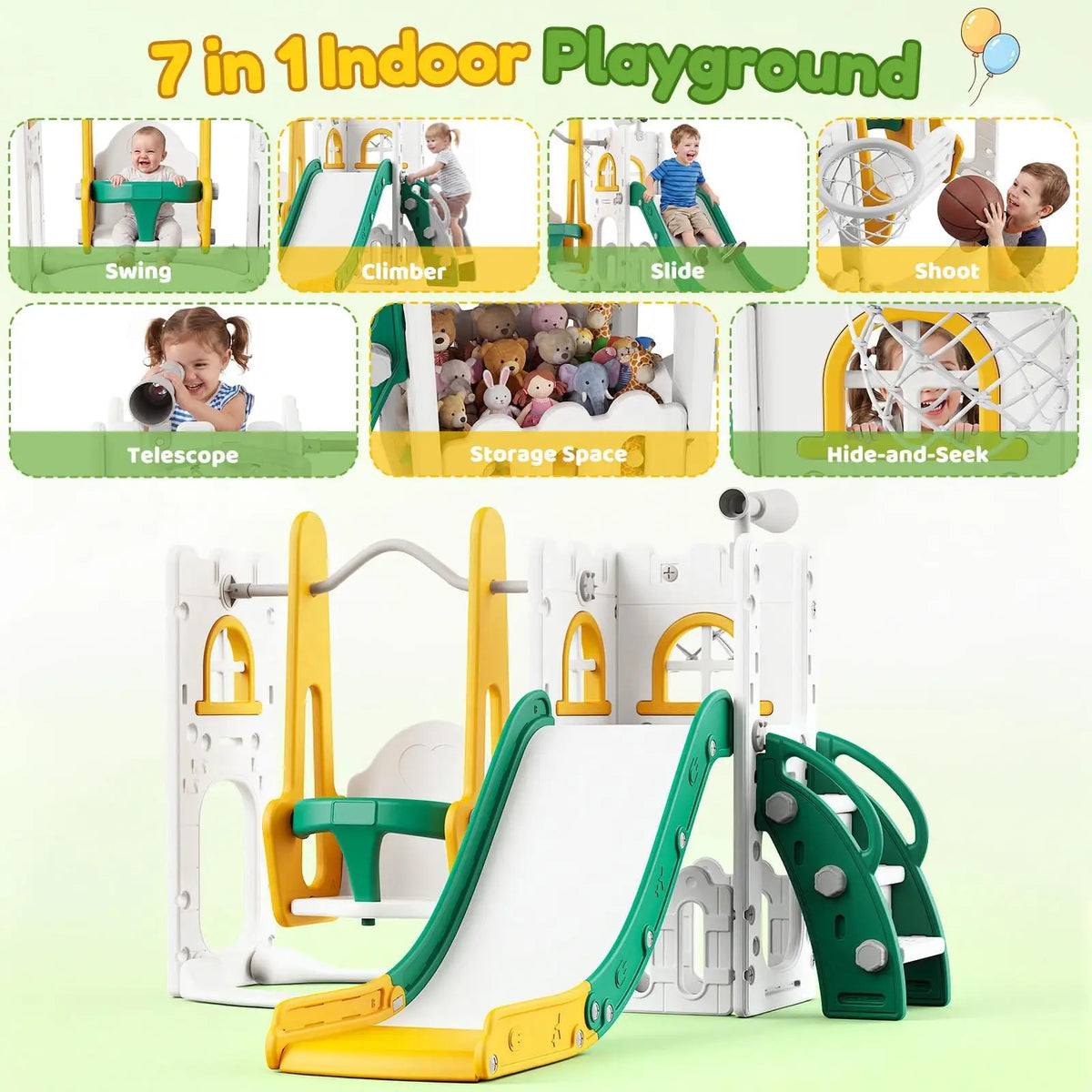 7-in-1 Toddler Slide and Swing Play Set with Basketball Hoop & Castle Playhouse