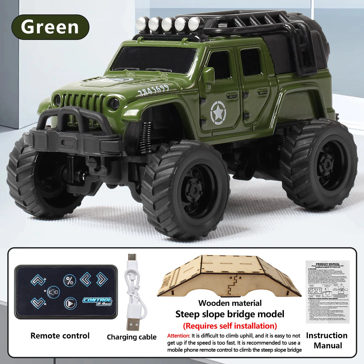 A green 1:64 scale off-road RC car model with a black body, large tires, and remote control accessories.