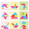 A grid of nine colorful wooden tangram puzzle pieces arranged in various geometric shapes.