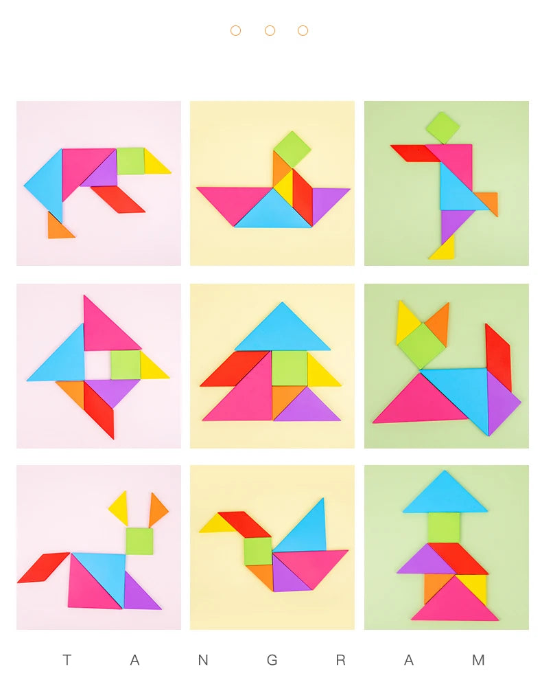 A grid of nine colorful wooden tangram puzzle pieces arranged in various geometric shapes.