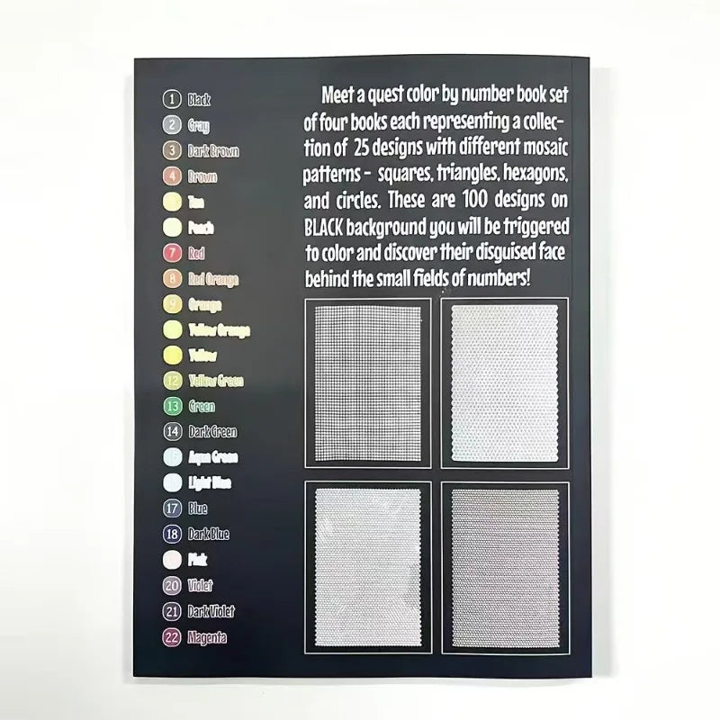 Schwarz-weißes Rasterdesign mit Liste von 22 Farben und entsprechenden Mosaikmustern für ein digitales Malbuch.