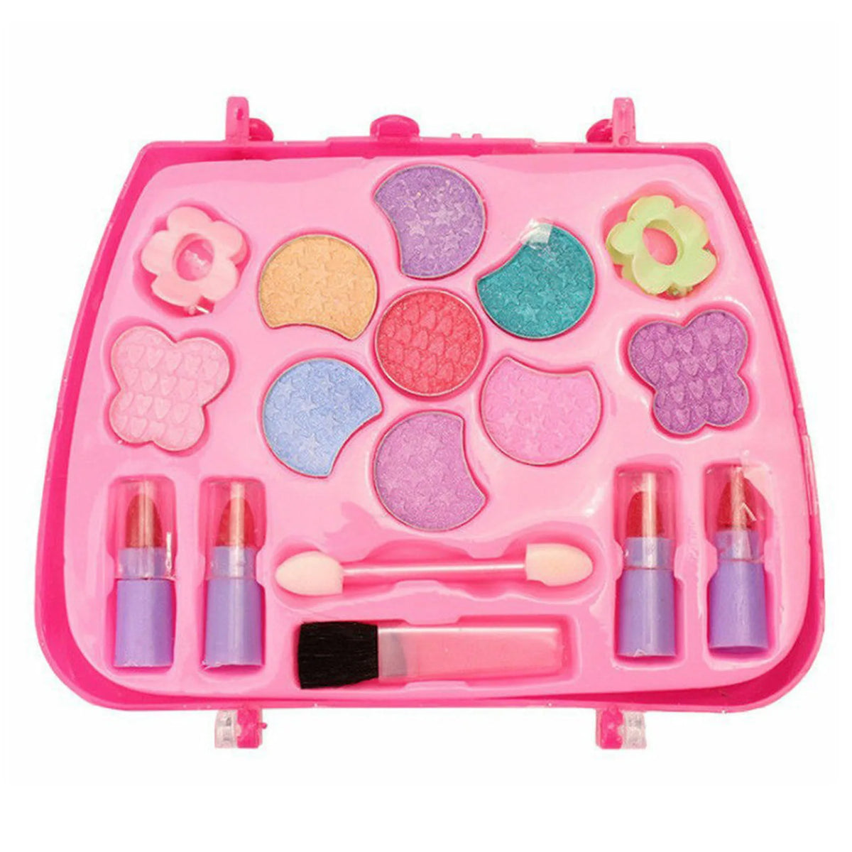 A pink plastic cosmetic case containing various makeup items like powder, blush, and brushes for kids pretend play.