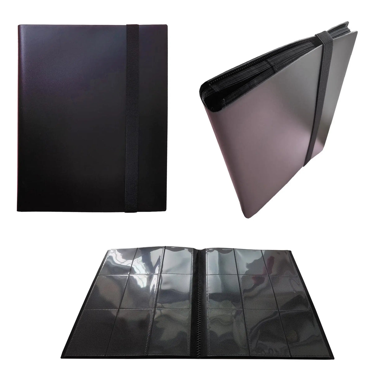 A black durable card collection binder shown in three views: closed, open, and angled.