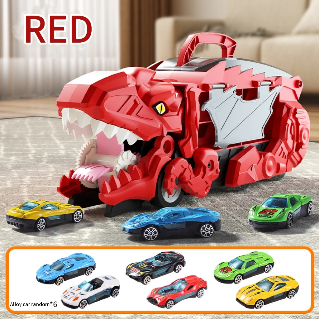 A red T-Rex dinosaur toy car with sliding features and storage is shown alongside other colored cars.