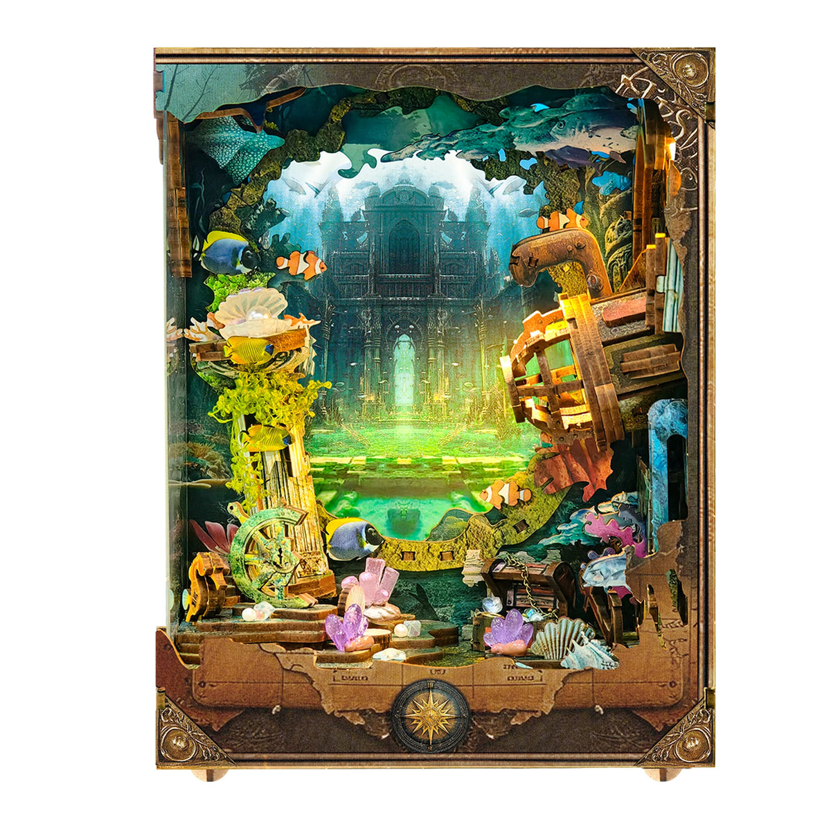 A detailed diorama kit featuring a wooden book nook shelf insert depicting an underwater world with ruins and lush foliage.