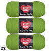 A set of three skeins of bright lime green Super Soft yarn labeled GOVD YARN for crochet and knitting.