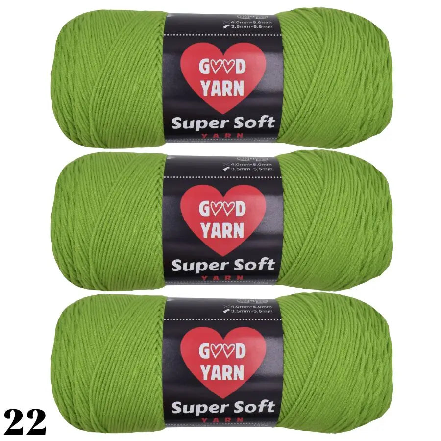 A set of three skeins of bright lime green Super Soft yarn labeled GOVD YARN for crochet and knitting.