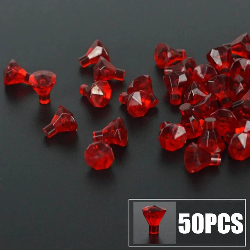 A pile of red gemstone building blocks shaped like coins, with a small box indicating 50 pieces.