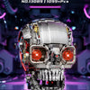 A detailed mechanical skeleton head building kit with LED lights displayed against a dark, futuristic background.