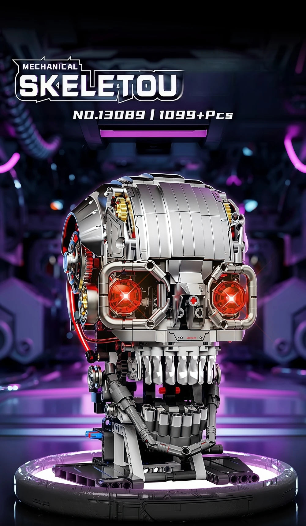 A detailed mechanical skeleton head building kit with LED lights displayed against a dark, futuristic background.