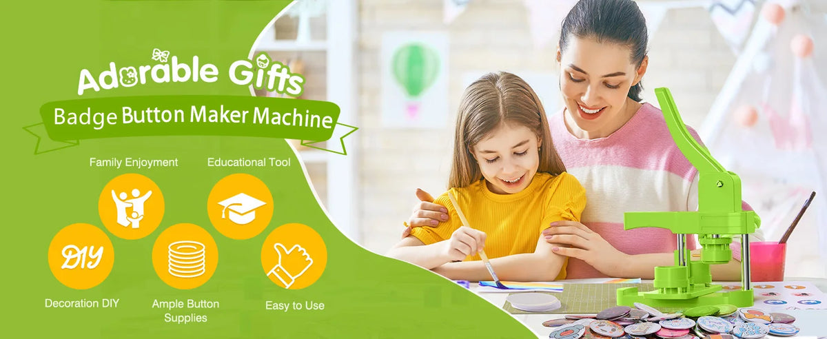 A woman is using a badge button maker machine to create buttons for a child, demonstrating the DIY kit.