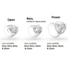 Three views of replacement bass domes for hearing aids showing open, bass, and power configurations.