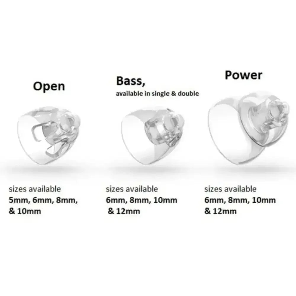 Three views of replacement bass domes for hearing aids showing open, bass, and power configurations.