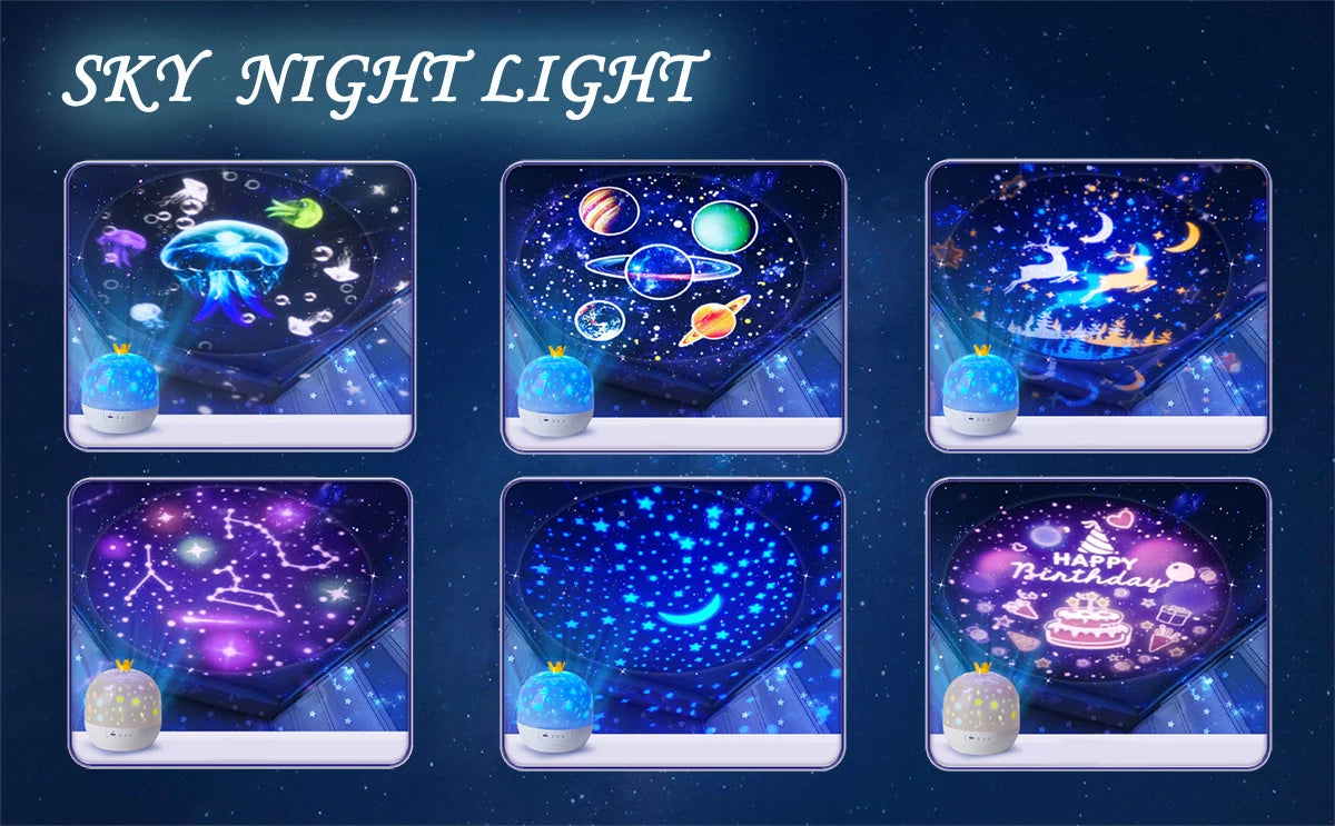 A collection of various blue and purple starry sky night lights displayed in square panels.