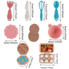 A set of doll feeding and care accessories including a pink fork, a white knife, blue and green spatulas, pink plates, and va