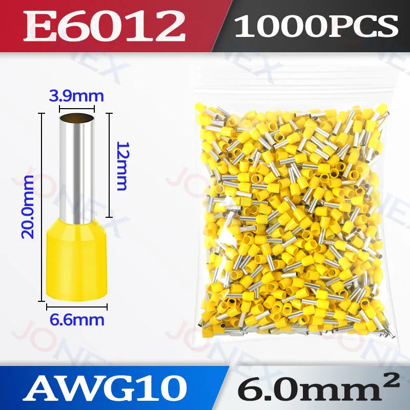 A package of 1000 pieces of AWG10 insulated tubular crimp terminals with a 3.9mm length and 6.0mm squared wire gauge.