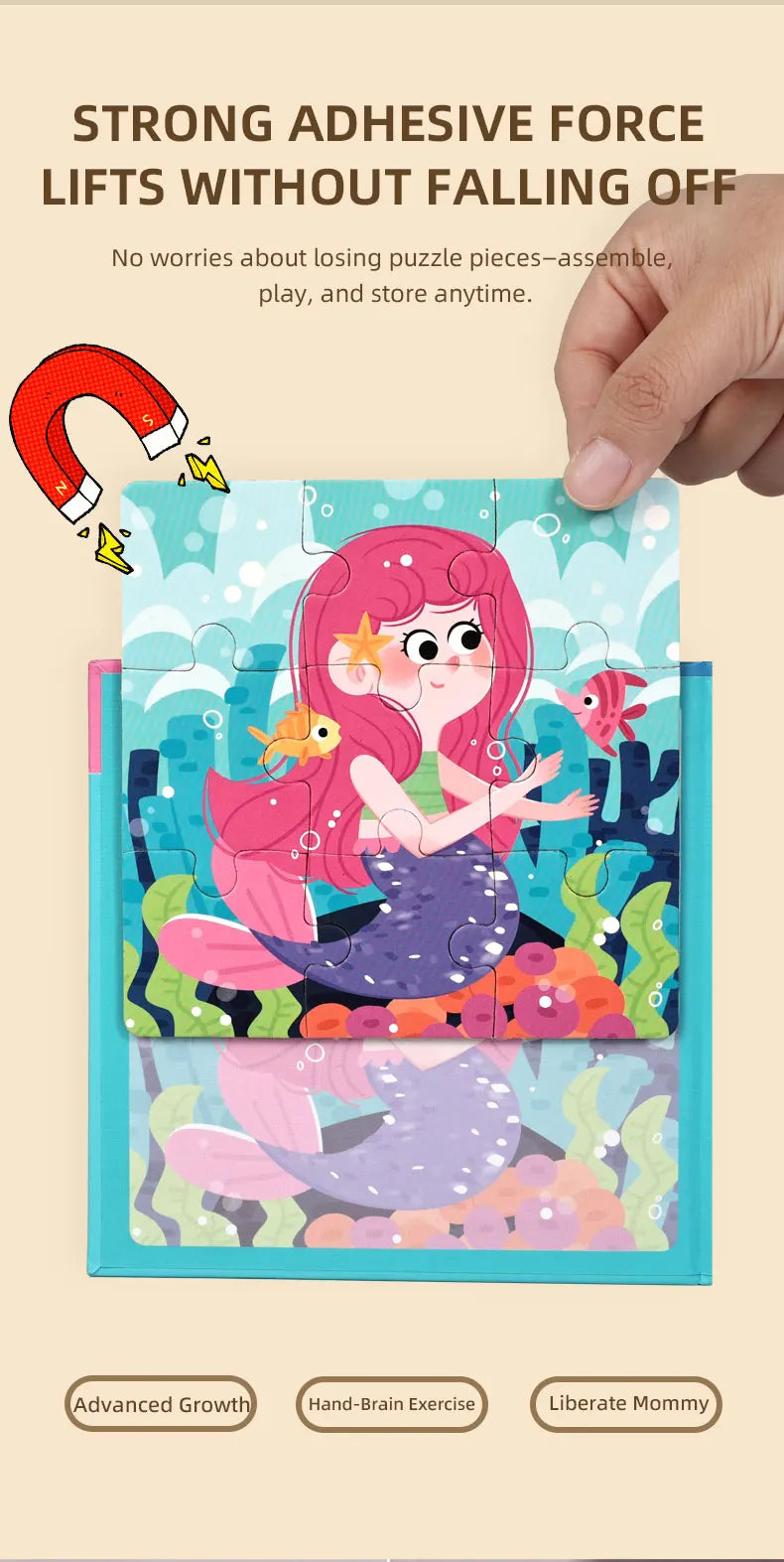 A colorful magnetic jigsaw puzzle featuring a mermaid, fish, and fruit elements for children's learning.