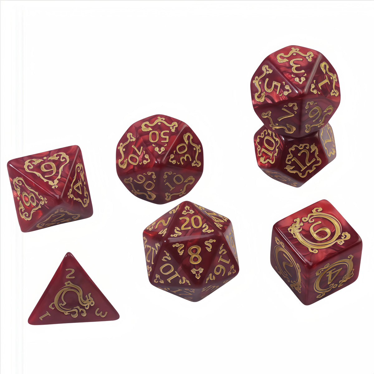 A set of red polyhedral dice featuring dragon designs used for tabletop role-playing games